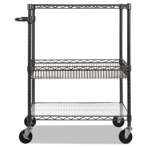 Three-Tier Wire Cart with Basket, Metal, 2 Shelves, 1 Bin, 500 lb Capacity, 34" x 18" x 40", Black Anthracite