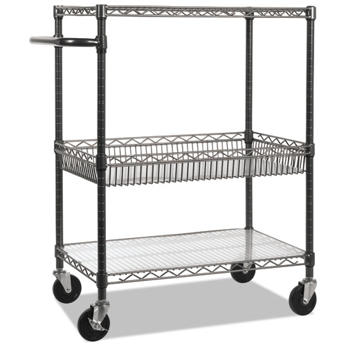 Image of Alera® Three-Tier Wire Cart With Basket, Metal, 2 Shelves, 1 Bin, 500 Lb Capacity, 34" X 18" X 40", Black Anthracite