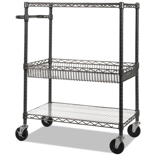 Alera® Three-Tier Wire Cart with Basket, Metal, 2 Shelves, 1 Bin, 500 lb Capacity, 34" x 18" x 40", Black Anthracite