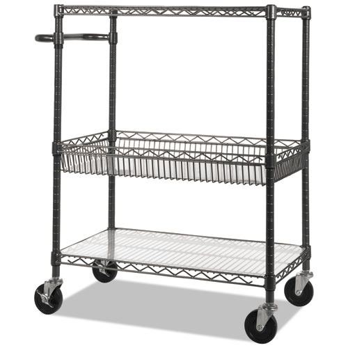 THREE-TIER WIRE CART WITH BASKET, 34W X 18D X 40H, BLACK ANTHRACITE