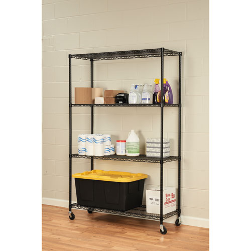 Image of NSF Certified 4-Shelf Wire Shelving Kit with Casters, 48w x 18d x 72h, Black