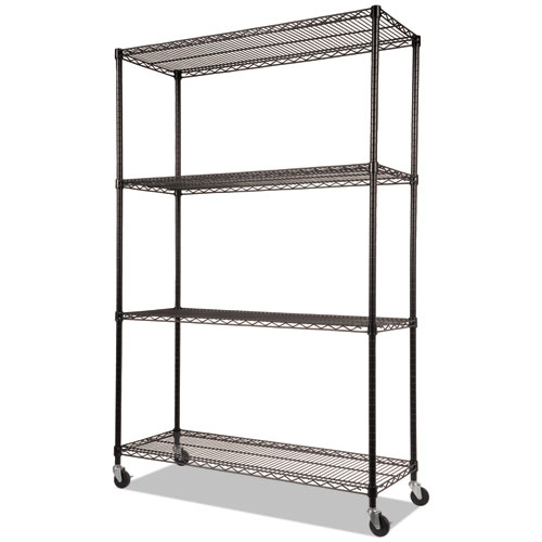 NSF Certified 4-Shelf Wire Shelving Kit with Casters, 48w x 18d x 72h, Black