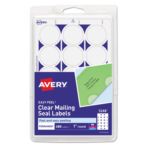 Avery® Printable Mailing Seals, 1" dia., Clear, 15/Sheet, 32 Sheets/Pack, (5248)