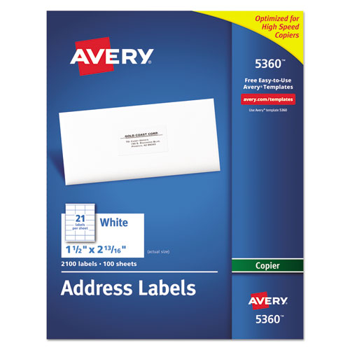 Copier Mailing Labels, Copiers, 1.5 x 2.81, White, 21/Sheet, 100 Sheets/Box