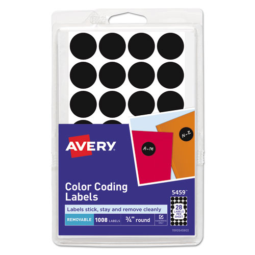 Image of Handwrite Only Self-Adhesive Removable Round Color-Coding Labels, 0.75" dia, Black, 28/Sheet, 36 Sheets/Pack, (5459)