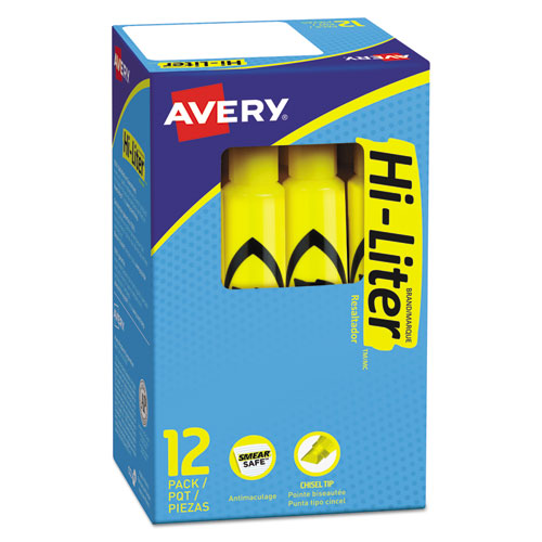 Avery® Hi-Liter Desk-Style Highlighters, Yellow Ink, Chisel Tip, Yellow/Black Barrel, Dozen