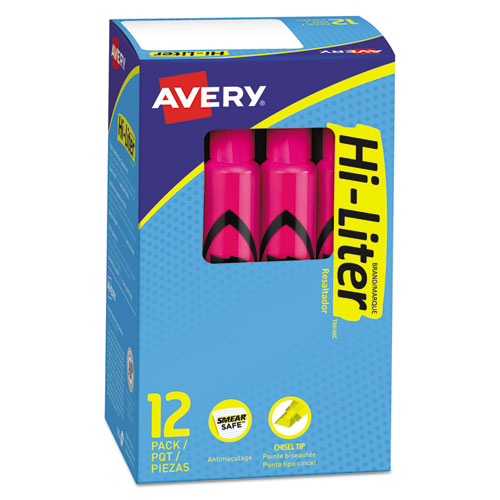 Avery® Hi-Liter Desk-Style Highlighters, Fluorescent Pink Ink, Chisel Tip, Pink/Black Barrel, Dozen