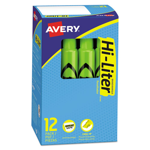Avery® Hi-Liter Desk-Style Highlighters, Fluorescent Green Ink, Chisel Tip, Green/Black Barrel, Dozen