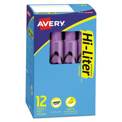Image of Avery® Hi-Liter Desk-Style Highlighters, Fluorescent Purple Ink, Chisel Tip, Purple/Black Barrel, Dozen