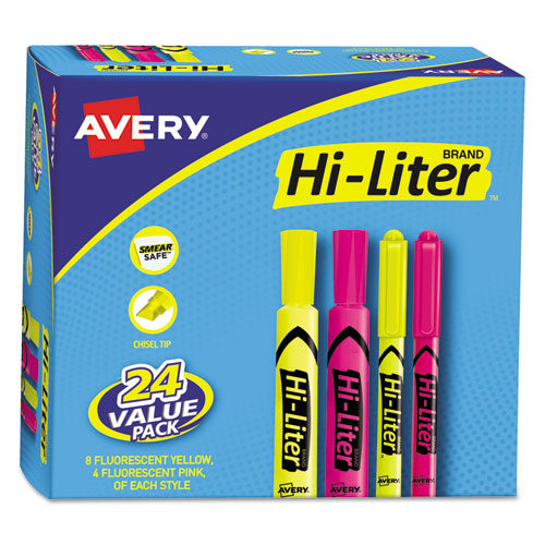 Avery® HI-LITER Highlighter Value Pack, Desk/Pen Style Combo, Assorted Ink Colors, Chisel/Bullet Tips, Assorted Barrel Colors, 24/PK