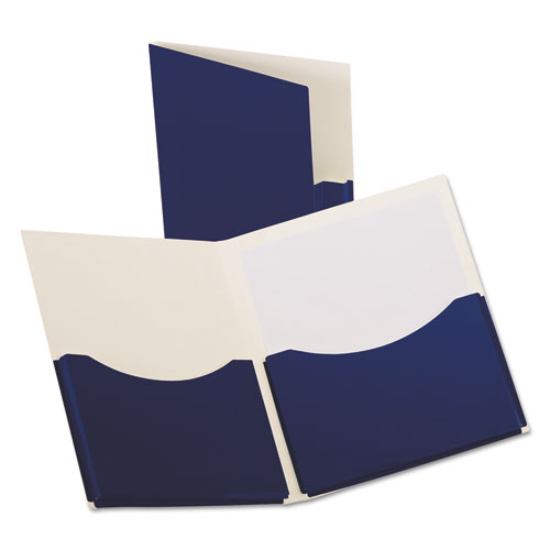 Image of Oxford™ Double Stuff Gusseted 2-Pocket Laminated Paper Folder, 200-Sheet Capacity, 11 X 8.5, Navy, 20/Box