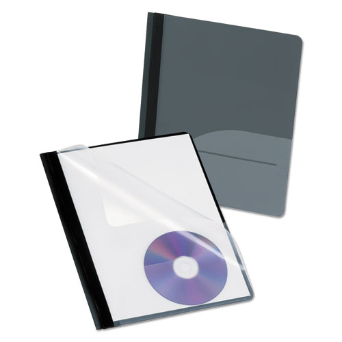 Clear Front Report Cover, CD Pocket, Three-Prong Fastener, 0.5" Capacity, 8.5 x 11, Clear/Onyx, 25/Box