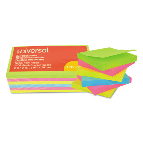 Universal® Self-Stick Note Pads, 3" X 3", Assorted Neon Colors, 100 Sheets/Pad, 12 Pads/Pack