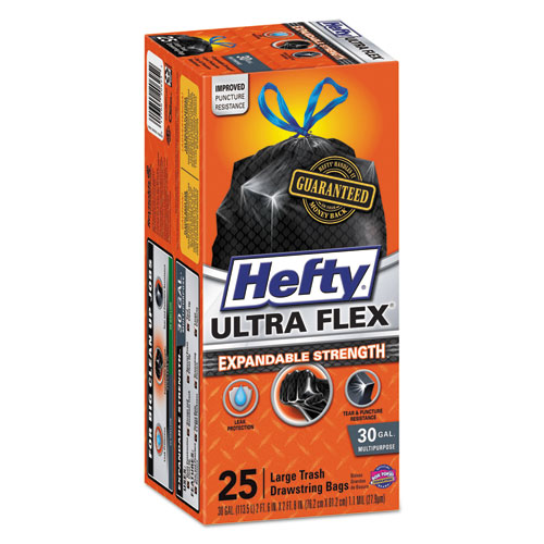 Hefty® Ultra Flex Waste Bags, 30 gal, 1.05 mil, 6" x 2.1", Black, 150/Carton