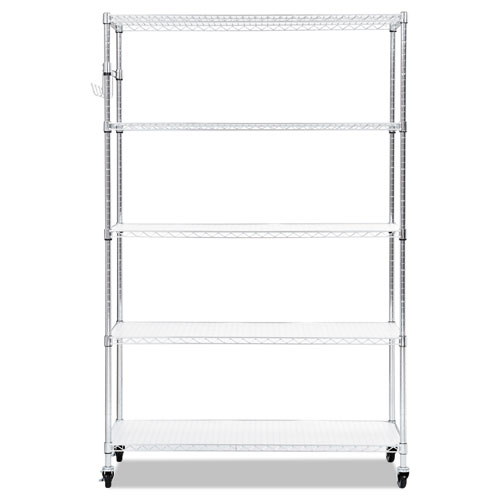 Image of 5-Shelf Wire Shelving Kit with Casters and Shelf Liners, 48w x 18d x 72h, Silver