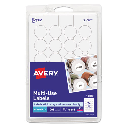Avery® Removable Multi-Use Labels, Inkjet/Laser Printers, 0.75" Dia, White, 24/Sheet, 42 Sheets/Pack, (5408)