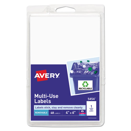Avery® Removable Multi-Use Labels, Inkjet/Laser Printers, 4 x 6, White, 40/Pack, (5454)