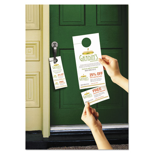 Door Hanger with Tear-Away Cards, 97 Bright, 65lb, 4.25 x 11, White, 2 Hangers/Sheet, 40 Sheets/Pack