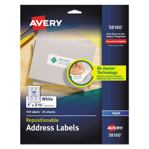 Avery® Repositionable Address Labels W/Surefeed, Inkjet/Laser, 1 X 2.63, White, 750/Bx