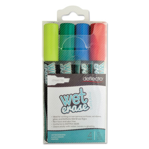 Image of Wet Erase Markers, Medium Chisel Tip, Assorted Colors, 4/Pack