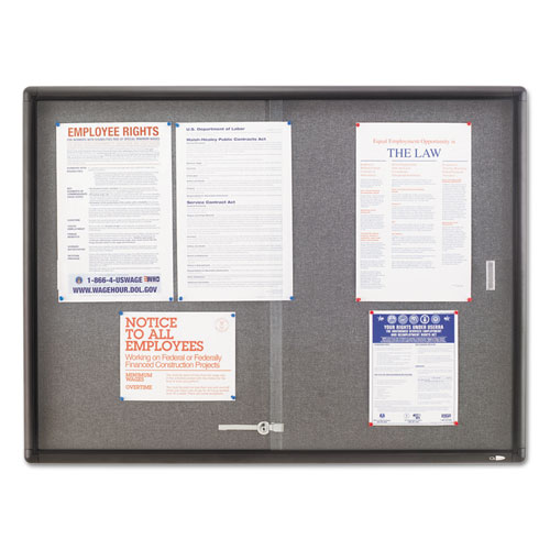 Image of Quartet® Enclosed Indoor Cork And Gray Fabric Bulletin Board With Two Sliding Glass Doors, 48 X 36, Graphite Gray Aluminum Frame