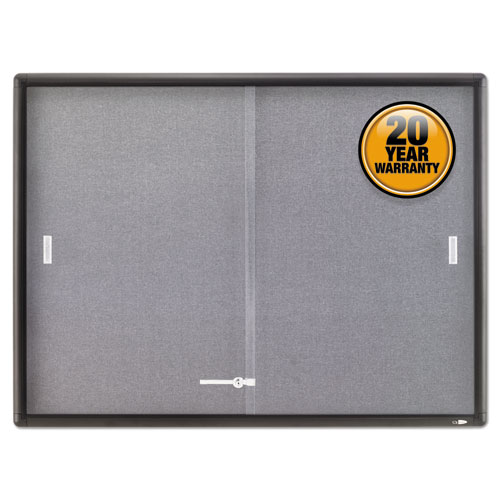 Quartet® Enclosed Indoor Cork And Gray Fabric Bulletin Board With Two Sliding Glass Doors, 48 X 36, Graphite Gray Aluminum Frame