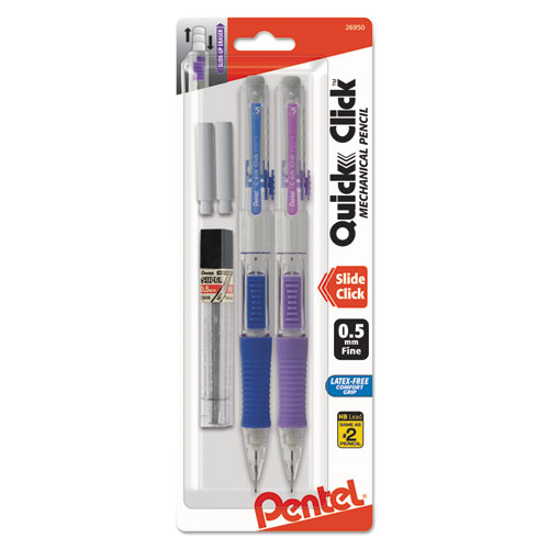 Pentel® QUICK CLICK Mechanical Pencils with Tube of Lead/Erasers, 0.5 mm, HB (#2), Black Lead, Assorted Barrel Colors, 2/Pack