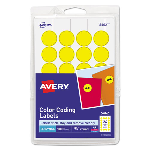 Avery® Printable Self-Adhesive Removable Color-Coding Labels, 0.75" dia., Yellow, 24/Sheet, 42 Sheets/Pack, (5462)