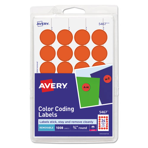 Image of Printable Self-Adhesive Removable Color-Coding Labels, 0.75" dia, Neon Red, 24/Sheet, 42 Sheets/Pack, (5467)