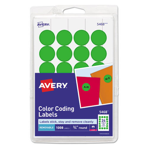 Printable Self-Adhesive Removable Color-Coding Labels, 0.75" dia, Neon Green, 24/Sheet, 42 Sheets/Pack, (5468)