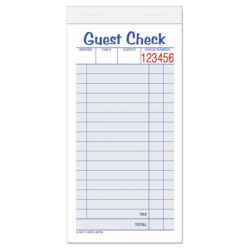 Adams® Guest Check Unit Set, Two-Part Carbonless, 6.38 x 3.38, 1/Page, 50 Forms/Pad, 10 Pads/Pack