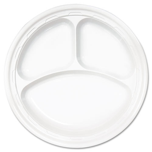 Famous Service Plastic Dinnerware, Plate, 3-Comp, 10 1/4 dia, White, 500/Carton