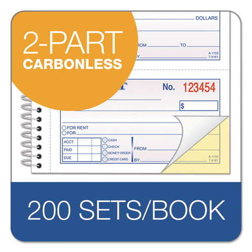 Image of 2-Part Receipt Book, Two-Part Carbonless, 4.75 x 2.75, 4 Forms/Sheet, 200 Forms Total