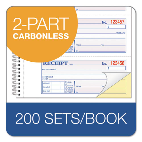 Image of TOPS Money/Rent Receipt Book, Two-Part Carbon, 7 x 2.75, 4 Forms/Sheet, 200 Forms Total