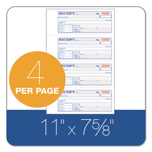 Image of Receipt Book, Three-Part Carbonless, 7.19 x 2.75, 4 Forms/Sheet, 100 Forms Total