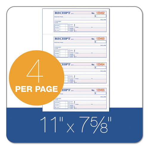 TOPS 3-Part Hardbound Receipt Book, Three-Part Carbonless, 7 x 2.75, 4 Forms/Sheet, 200 Forms Total