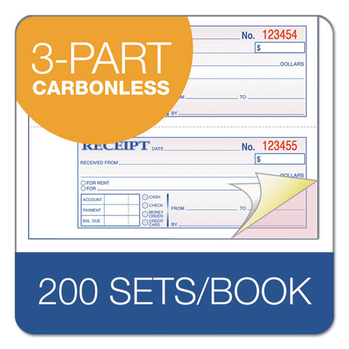 Image of TOPS 3-Part Hardbound Receipt Book, Three-Part Carbonless, 7 x 2.75, 4 Forms/Sheet, 200 Forms Total