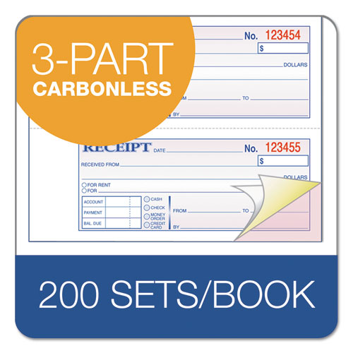 TOPS 3-Part Hardbound Receipt Book, Three-Part Carbonless, 7 x 2.75, 4 Forms/Sheet, 200 Forms Total