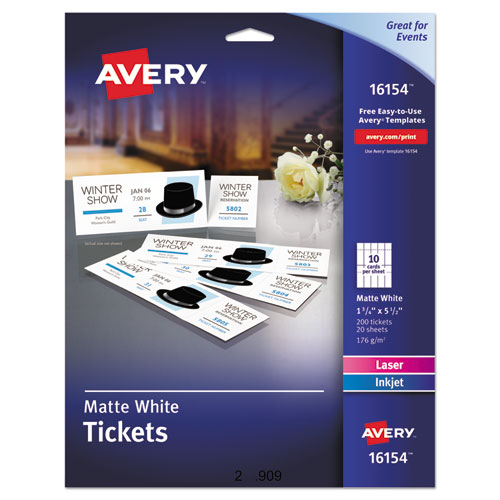 PRINTABLE TICKETS W/TEAR-AWAY STUBS, 97 BRIGHT, 65LB, 8.5 X 11, WHITE, 10 TICKETS/SHEET, 20 SHEETS/PACK