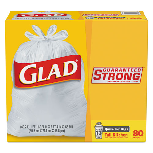Glad® Tall Kitchen Quick-Tie Bags, 13 gal, 0.66 mil, 23.75" x 28", White, 200/Box