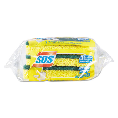 Image of S.O.S.® Heavy Duty Scrubber Sponge, 2.5 X 4.5, 0.9" Thick, Yellow/Green, 3/Pack, 8 Packs/Carton