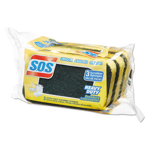 Image of S.O.S.® Heavy Duty Scrubber Sponge, 2.5 X 4.5, 0.9" Thick, Yellow/Green, 3/Pack, 8 Packs/Carton