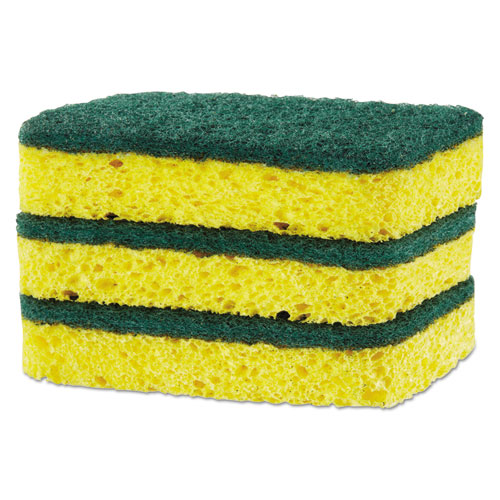 Image of S.O.S.® Heavy Duty Scrubber Sponge, 2.5 X 4.5, 0.9" Thick, Yellow/Green, 3/Pack, 8 Packs/Carton