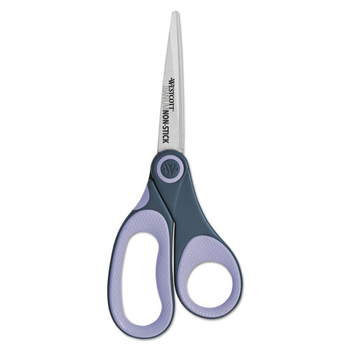 Image of Westcott® Non-Stick Titanium Bonded Scissors, 8" Long, 3.25" Cut Length, Gray/Purple Straight Handle