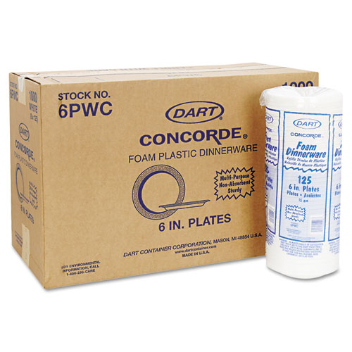 Image of Dart® Concorde Foam Plate, 6" Dia, White, 1,000/Carton