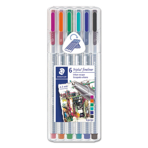 Triplus Fineliner Porous Point Pen, Stick, Extra-Fine 0.3 mm, Assorted Ink Colors, Silver Barrel, 6/Pack