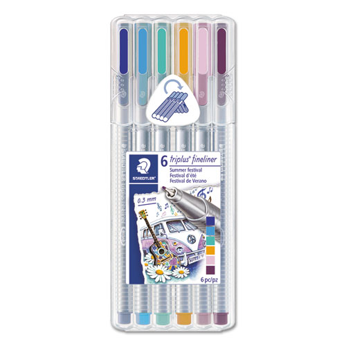 Triplus Fineliner Porous Point Pen, Stick, Extra-Fine 0.3 mm, Six Assorted Ink Colors, Silver Barrel, 6/Pack