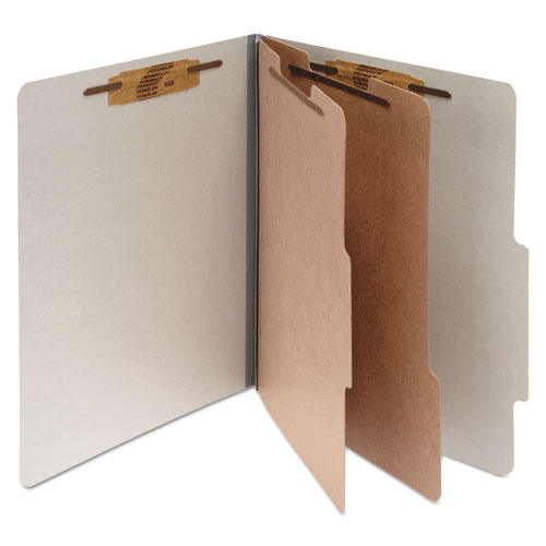 Image of Pressboard Classification Folders, 3" Expansion, 2 Dividers, 6 Fasteners, Letter Size, Mist Gray Exterior, 10/Box