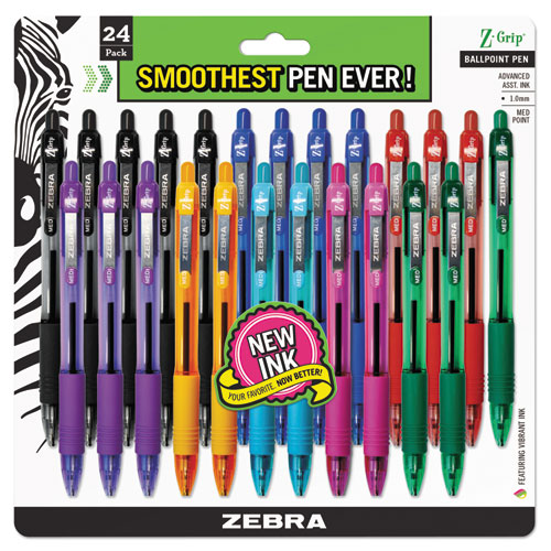Image of Zebra® Z-Grip Ballpoint Pen, Retractable, Medium 1 Mm, Assorted Business/Artistic Ink Colors, Clear Barrel, 24/Pack