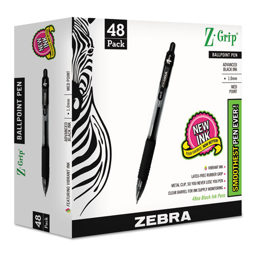 Image of Zebra® Z-Grip Ballpoint Pen, Retractable, Medium 1 Mm, Black Ink, Black Barrel, 48/Pack